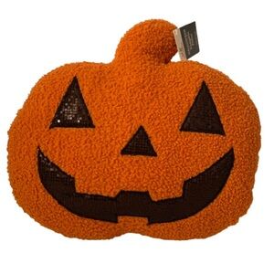 NWT. WAY TO CELEBRATE Pumpkin Jack-O-Lantern Sequin Face Pillow